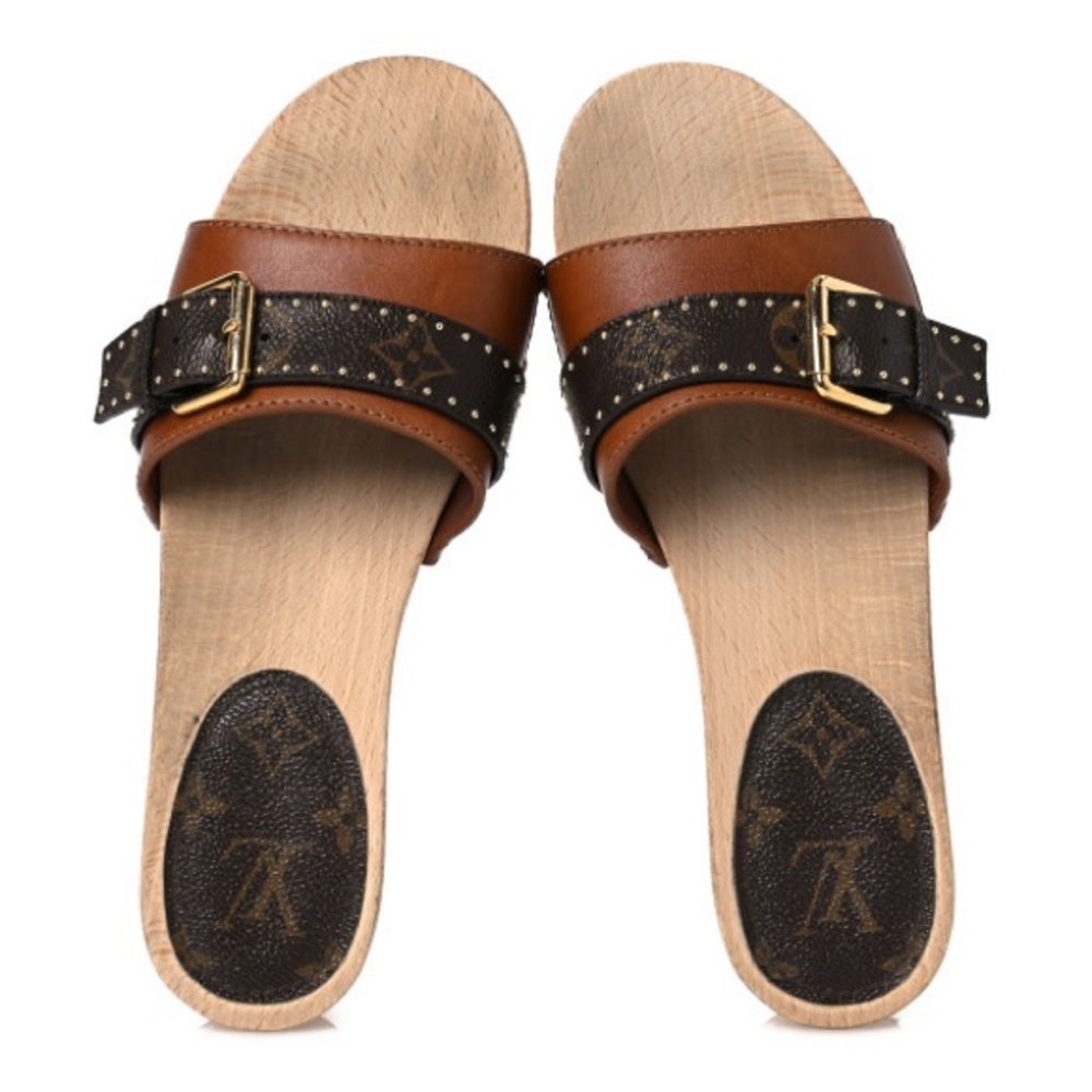 LOUIS VUITTON Brown Leather LV Monogram Cottage Mule Wood Clog Sandals 6.5 - Picture 6 of 17